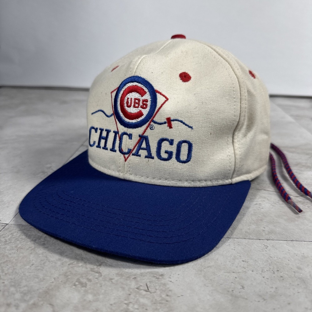 Vtg Chicago Cubs # 1 Apparel New Era Hat Drawstring Cap MLB 1990s White Blue EUC